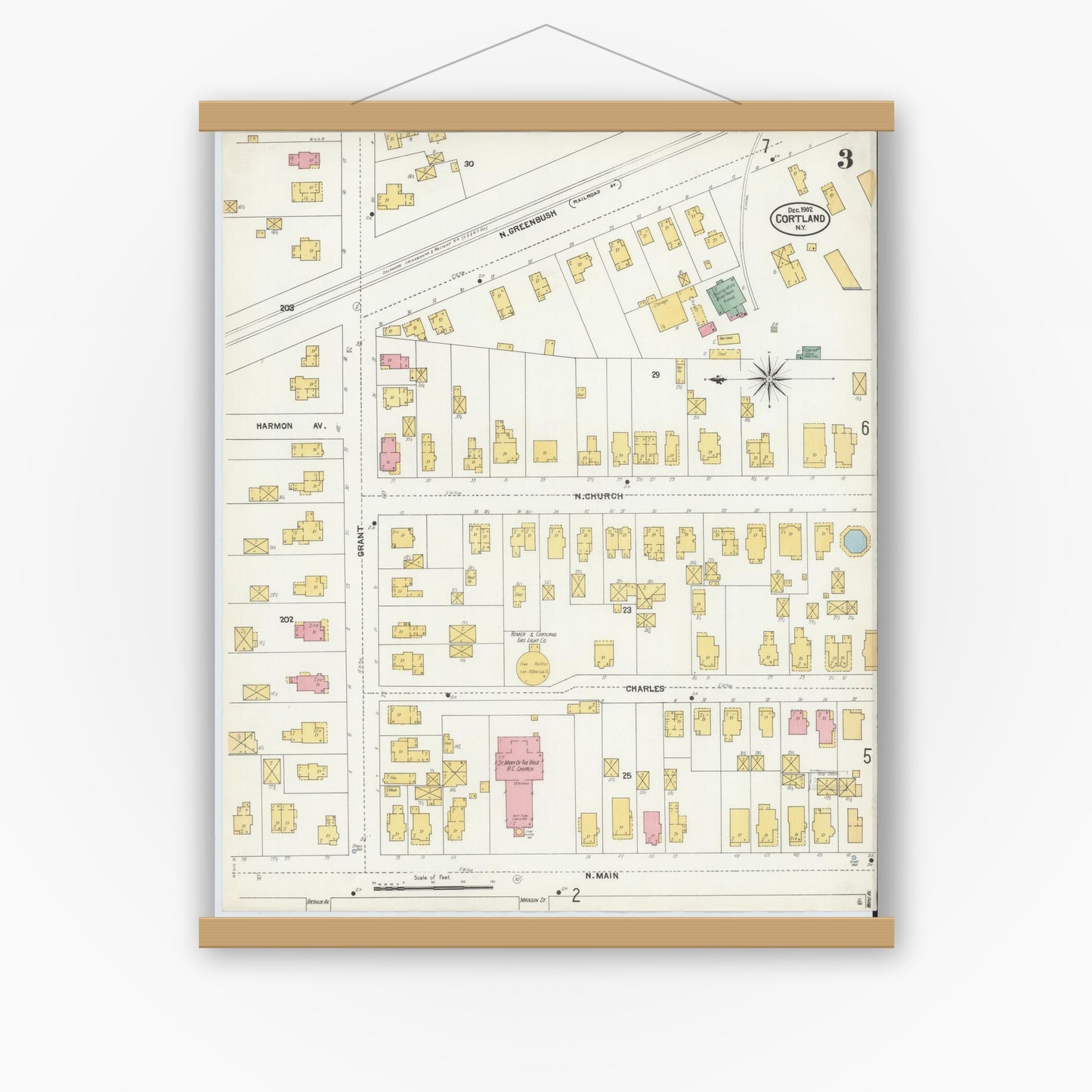 Old map wall art mockup — magnetic wood frame on white wall — Sanborn Fire Insurance Map from Cortland, Cortland County, New York (1902), Sheet #0003
