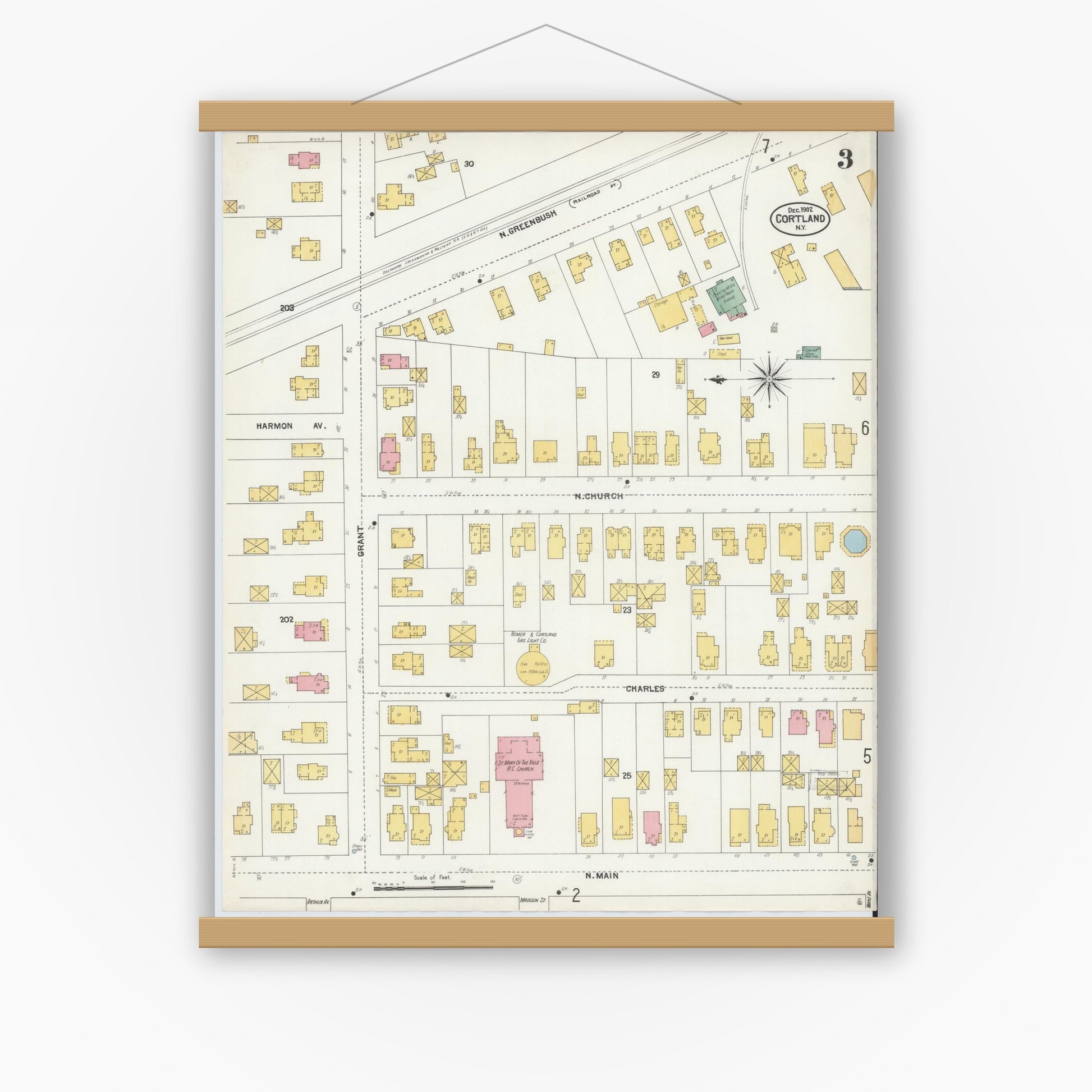 Old map wall art mockup — magnetic wood frame on white wall — Sanborn Fire Insurance Map from Cortland, Cortland County, New York (1902), Sheet #0003