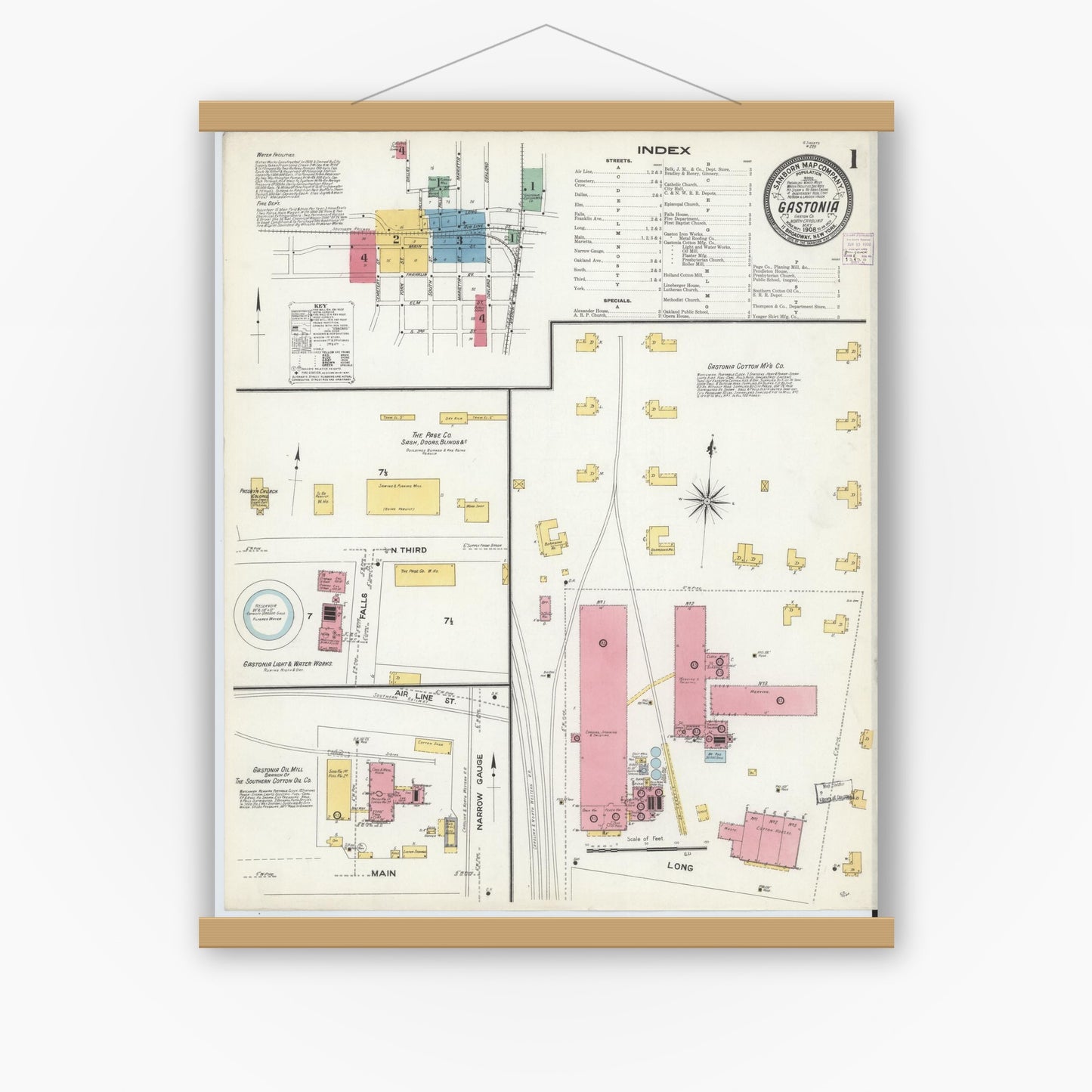Old map wall art mockup — magnetic wood frame on white wall — Sanborn Fire Insurance Map from Gastonia, Gaston County, North Carolina (1908), Sheet #0001