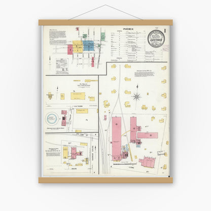 Old map wall art mockup — magnetic wood frame on white wall — Sanborn Fire Insurance Map from Gastonia, Gaston County, North Carolina (1908), Sheet #0001