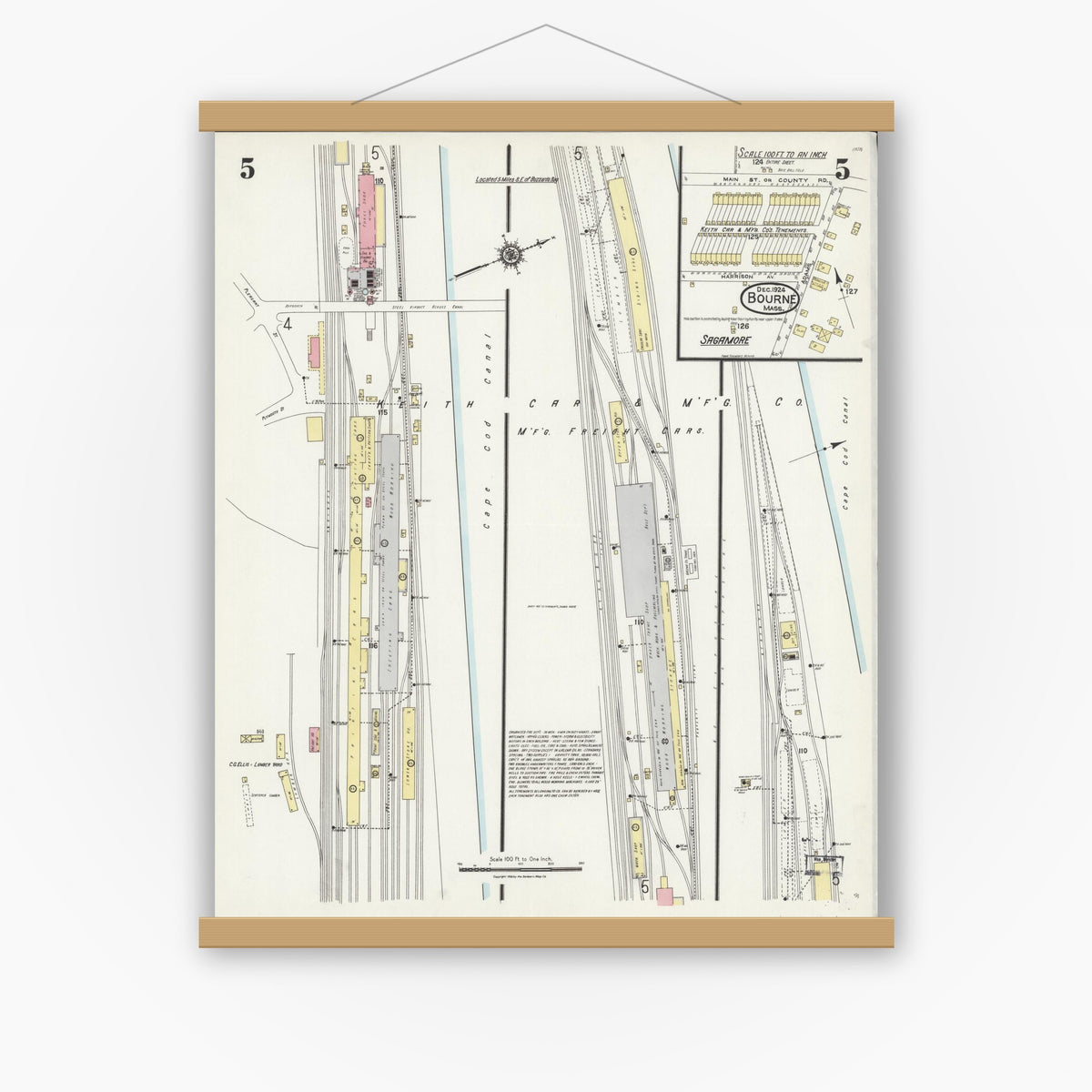 Old map wall art mockup — magnetic wood frame on white wall — Sanborn Fire Insurance Map from Bourne, Barnstable County, Massachusetts (1924), Sheet #0005