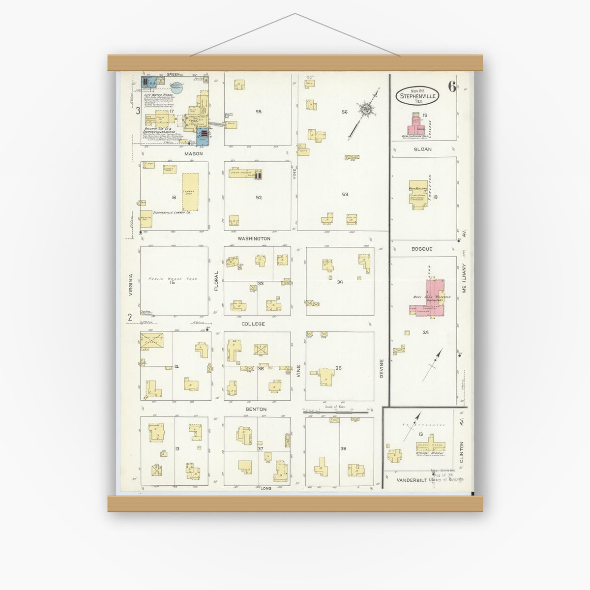 Old map wall art mockup — magnetic wood frame on white wall — Sanborn Fire Insurance Map from Stephenville, Erath County, Texas (1912), Sheet #0006