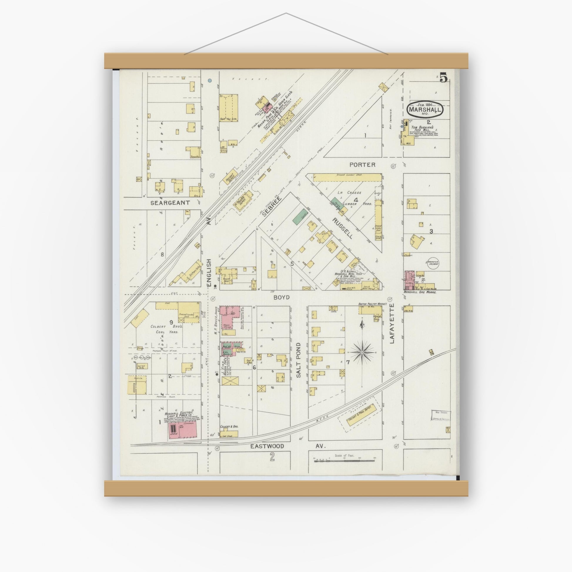 Old map wall art mockup — magnetic wood frame on white wall — Sanborn Fire Insurance Map from Marshall, Saline County, Missouri (1894), Sheet #0005
