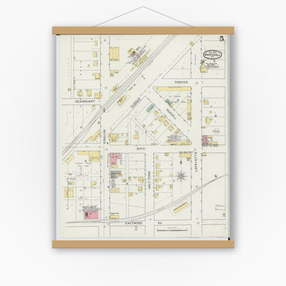 Old map wall art mockup — magnetic wood frame on white wall — Sanborn Fire Insurance Map from Marshall, Saline County, Missouri (1894), Sheet #0005