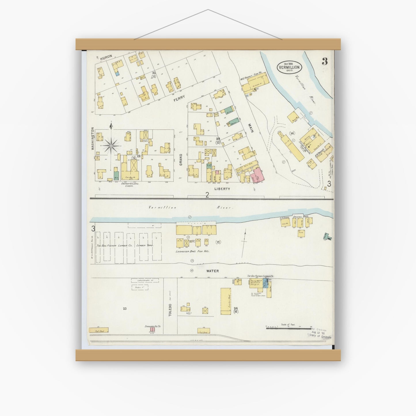 Old map wall art mockup — magnetic wood frame on white wall — Sanborn Fire Insurance Map from Vermillion, Erie County, Ohio (1898), Sheet #0003