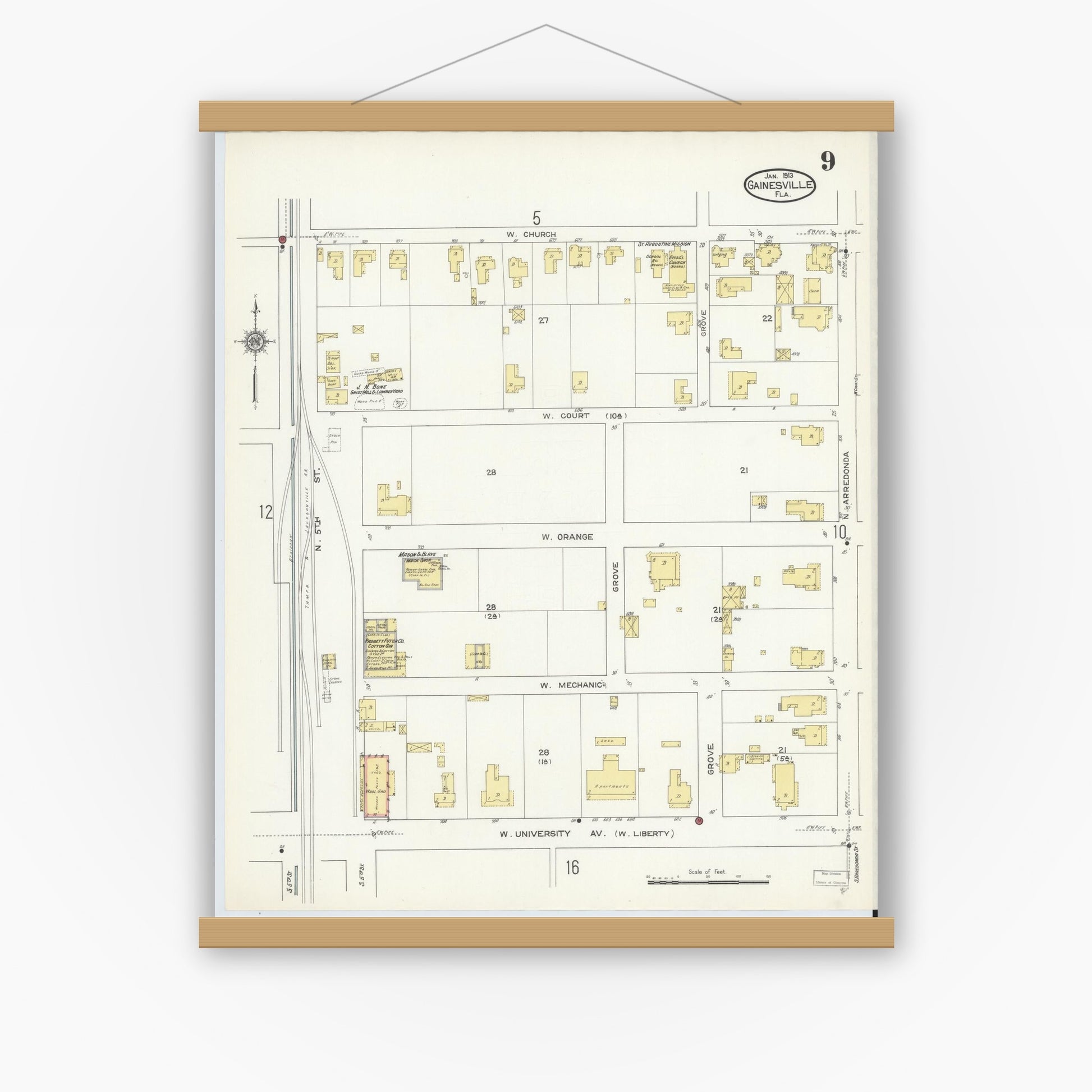 Old map wall art mockup — magnetic wood frame on white wall — Sanborn Fire Insurance Map from Gainesville, Alachua County, Florida (1913), Sheet #0009