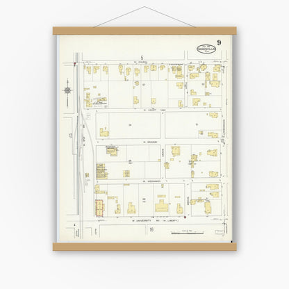 Old map wall art mockup — magnetic wood frame on white wall — Sanborn Fire Insurance Map from Gainesville, Alachua County, Florida (1913), Sheet #0009