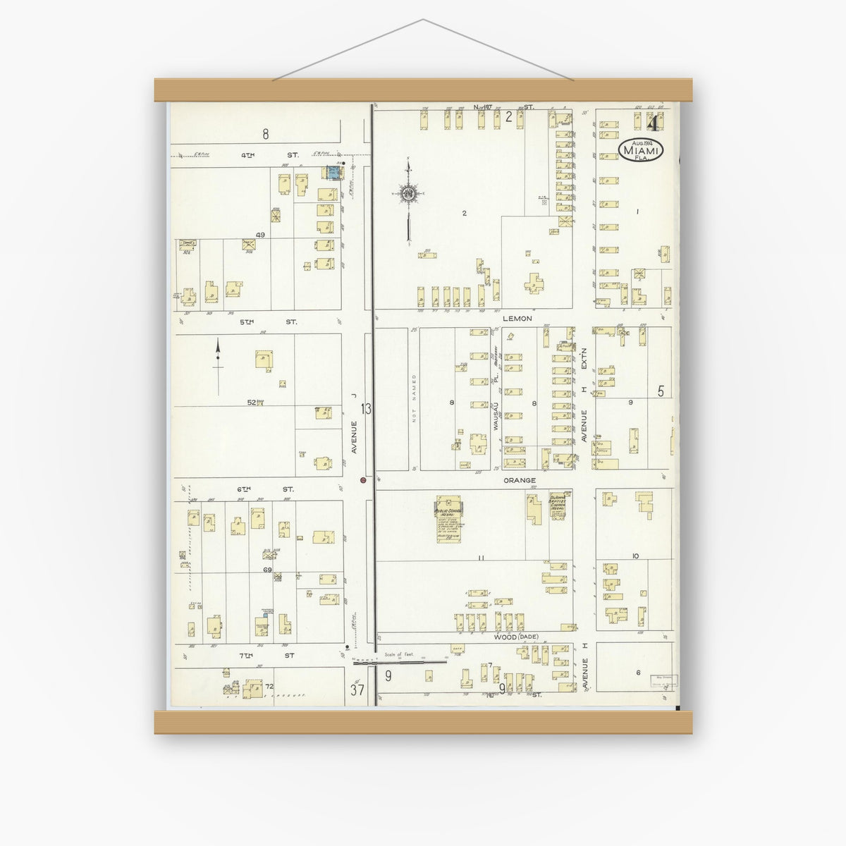 Old map wall art mockup — magnetic wood frame on white wall — Sanborn Fire Insurance Map from Miami, Dade County, Florida (1914), Sheet #0004