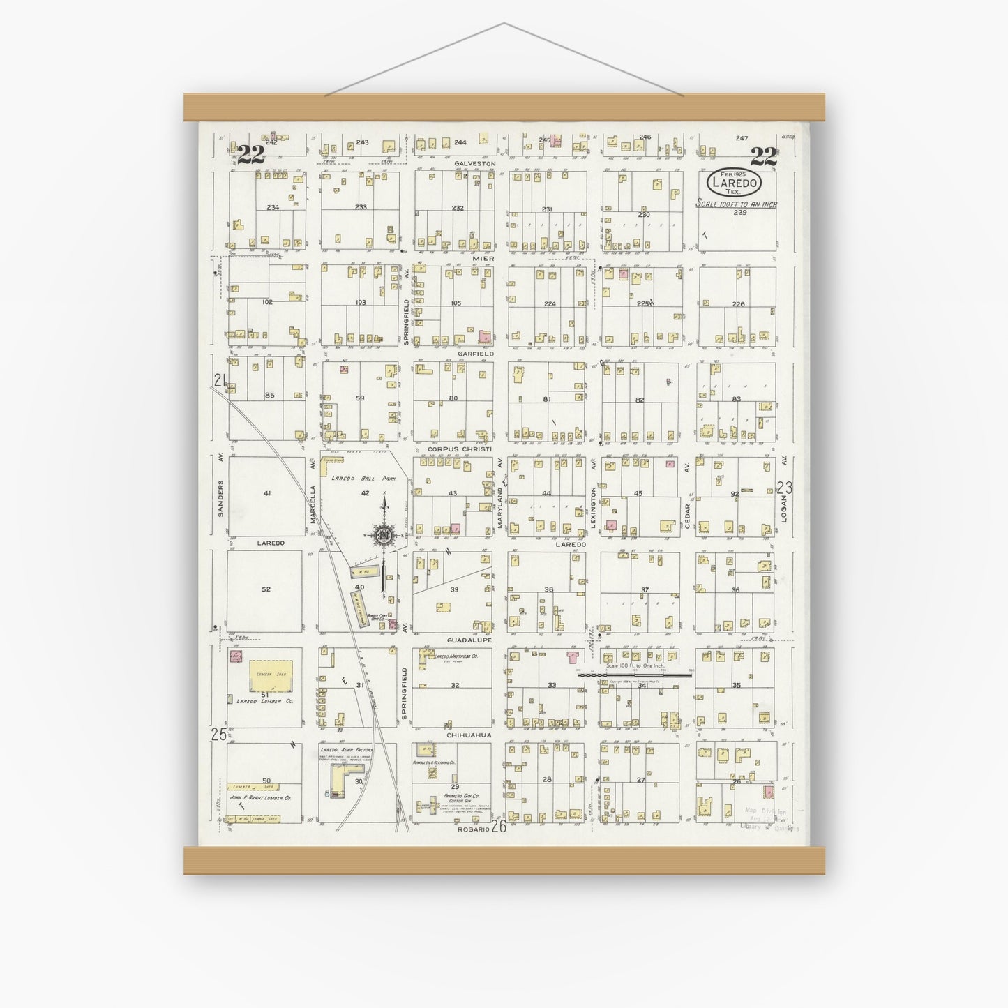 Old map wall art mockup — magnetic wood frame on white wall — Sanborn Fire Insurance Map from Laredo, Webb County, Texas (1925), Sheet #0022