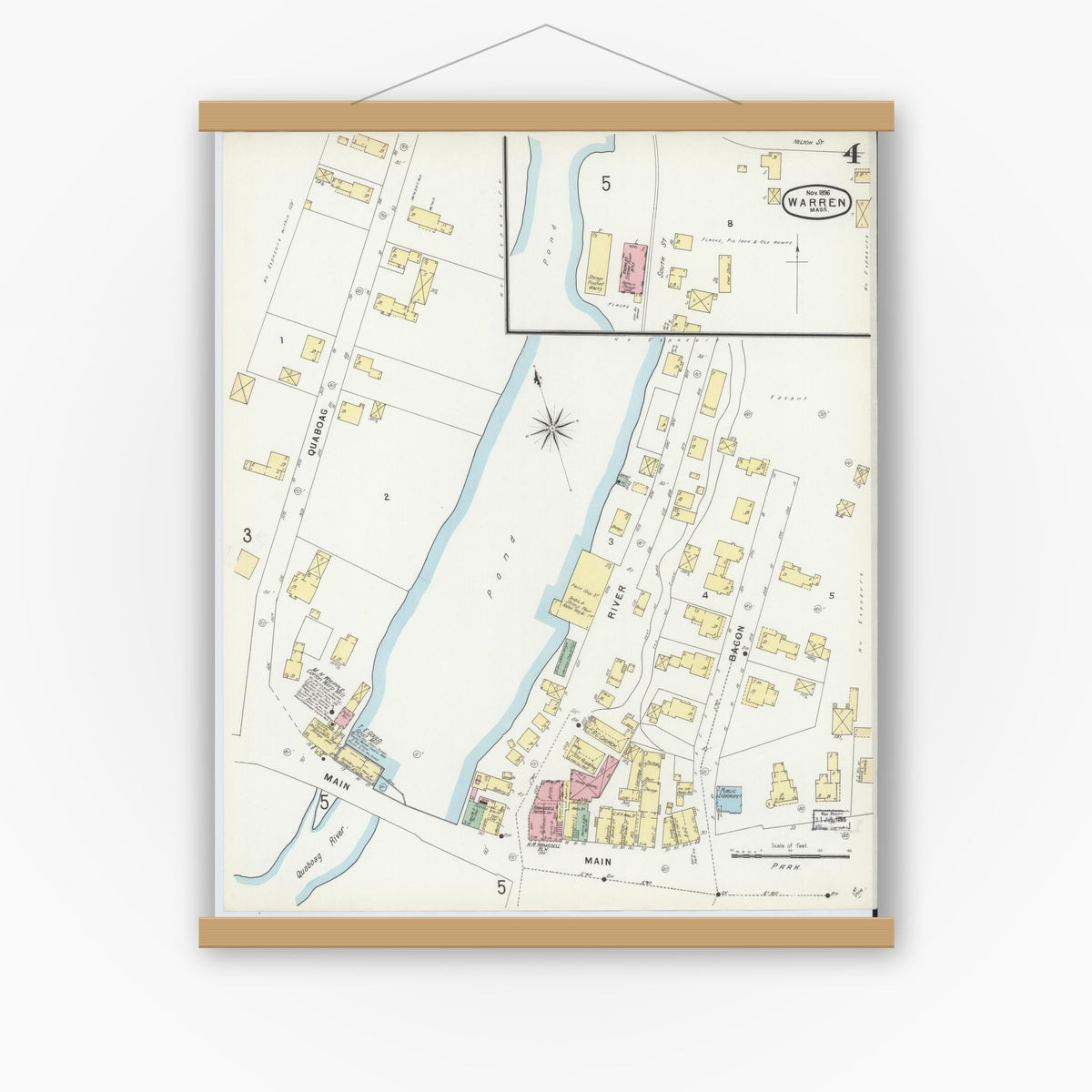 Old map wall art mockup — magnetic wood frame on white wall — Sanborn Fire Insurance Map from Warren, Worcester County, Massachusetts (1896), Sheet #0004