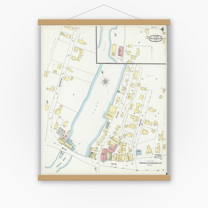 Old map wall art mockup — magnetic wood frame on white wall — Sanborn Fire Insurance Map from Warren, Worcester County, Massachusetts (1896), Sheet #0004