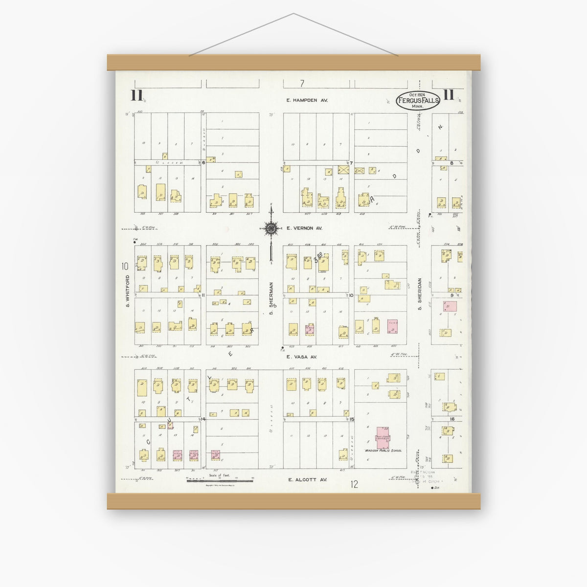 Old map wall art mockup — magnetic wood frame on white wall — Sanborn Fire Insurance Map from Fergus Falls, Otter Tail County, Minnesota (1924), Sheet #0011