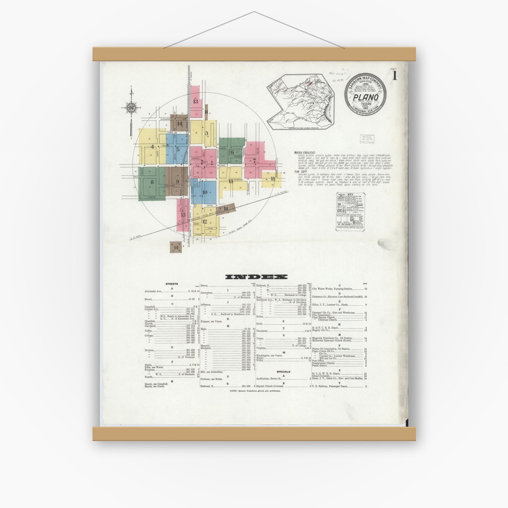 Old map wall art mockup — magnetic wood frame on white wall — Sanborn Fire Insurance Map from Plano, Collin County, Texas (1921), Sheet #0001