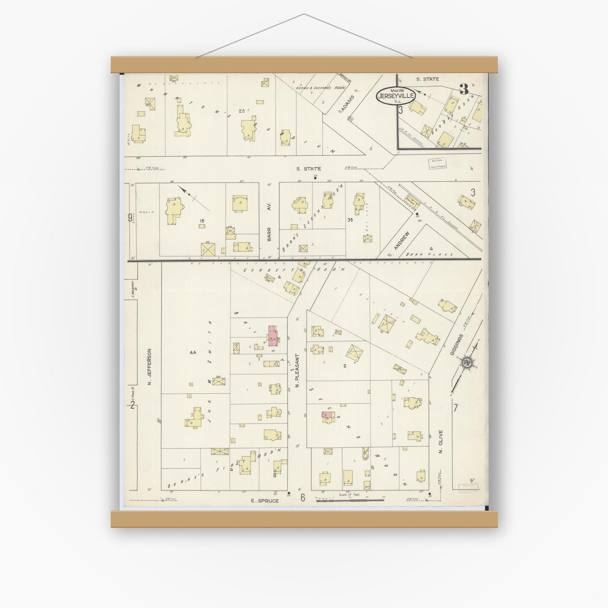 Old map wall art mockup — magnetic wood frame on white wall — Sanborn Fire Insurance Map from Jerseyville, Jersey County, Illinois (1914), Sheet #0003