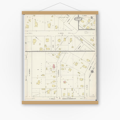 Old map wall art mockup — magnetic wood frame on white wall — Sanborn Fire Insurance Map from Jerseyville, Jersey County, Illinois (1914), Sheet #0003