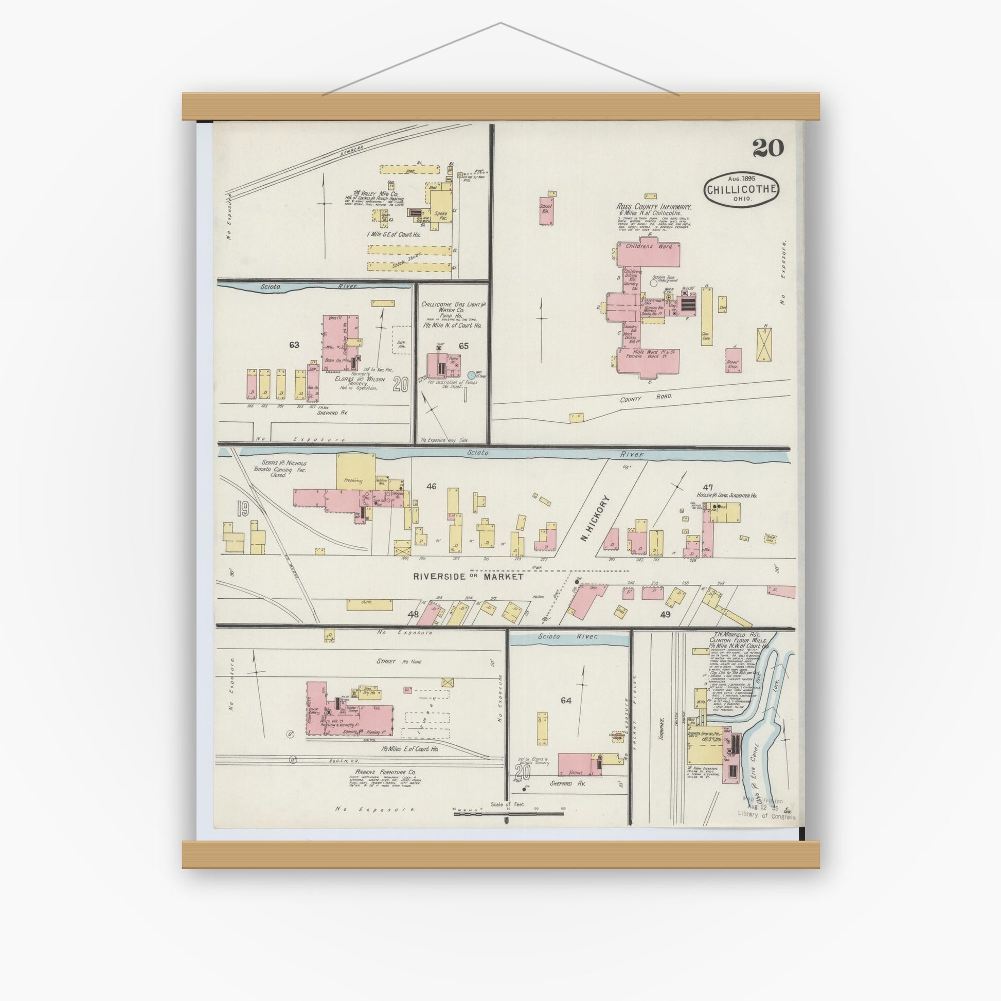 Old map wall art mockup — magnetic wood frame on white wall — Sanborn Fire Insurance Map from Chillicothe, Ross County, Ohio (1895), Sheet #0020