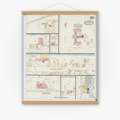 Old map wall art mockup — magnetic wood frame on white wall — Sanborn Fire Insurance Map from Chillicothe, Ross County, Ohio (1895), Sheet #0020