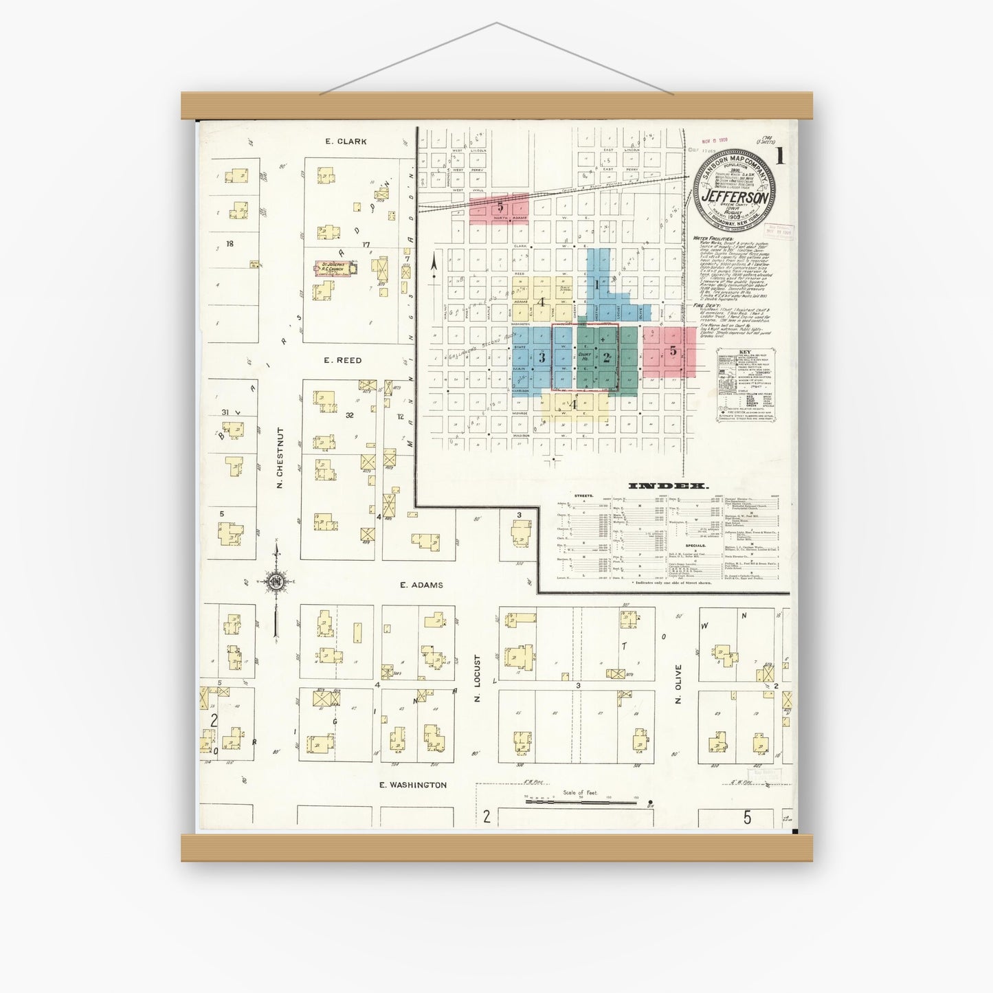 Old map wall art mockup — magnetic wood frame on white wall — Sanborn Fire Insurance Map from Jefferson, Greene County, Iowa (1909), Sheet #0001