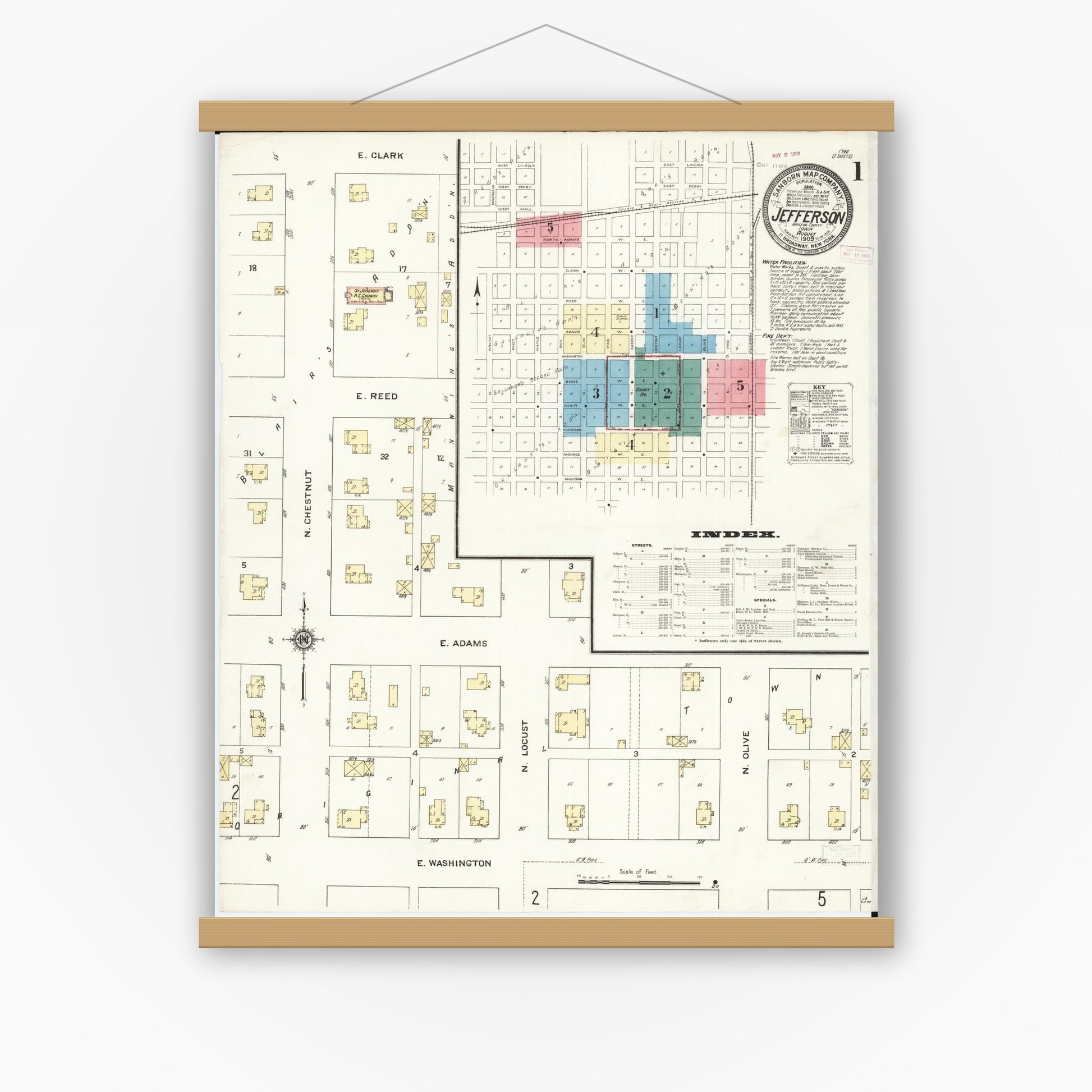 Old map wall art mockup — magnetic wood frame on white wall — Sanborn Fire Insurance Map from Jefferson, Greene County, Iowa (1909), Sheet #0001