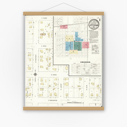 Old map wall art mockup — magnetic wood frame on white wall — Sanborn Fire Insurance Map from Jefferson, Greene County, Iowa (1909), Sheet #0001