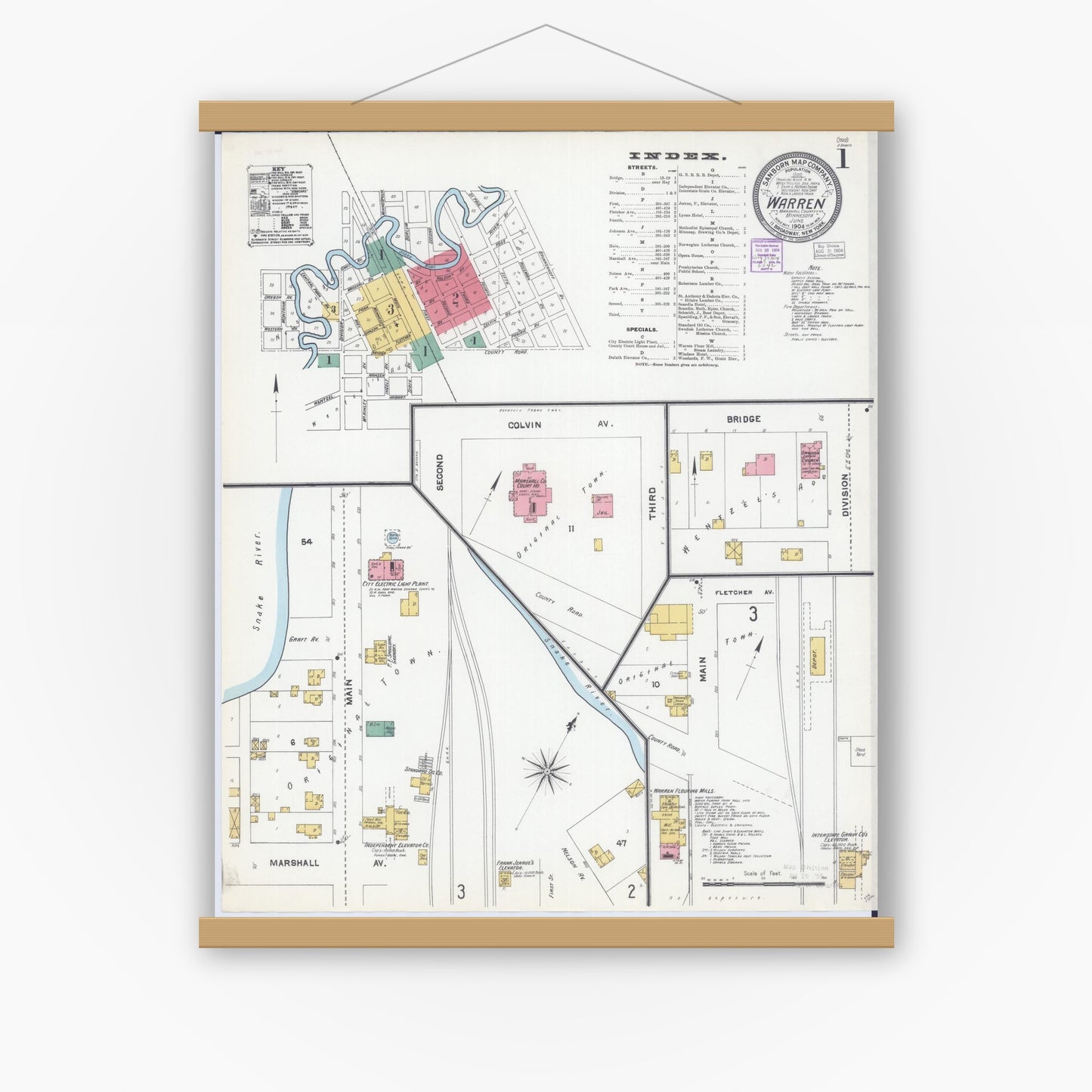 Old map wall art mockup — magnetic wood frame on white wall — Sanborn Fire Insurance Map from Warren, Marshall County, Minnesota (1904) - Complete Map Set