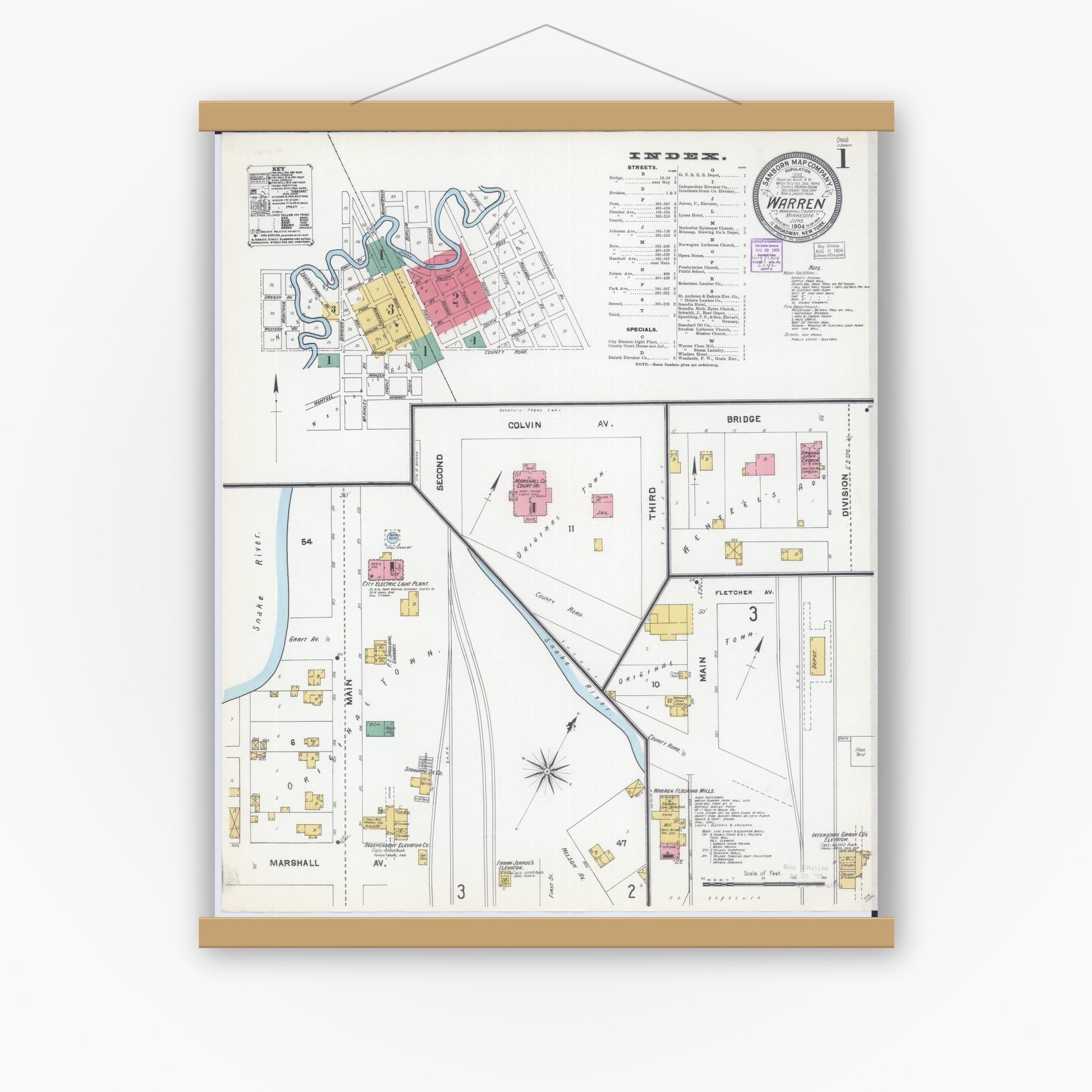 Old map wall art mockup — magnetic wood frame on white wall — Sanborn Fire Insurance Map from Warren, Marshall County, Minnesota (1904) - Complete Map Set