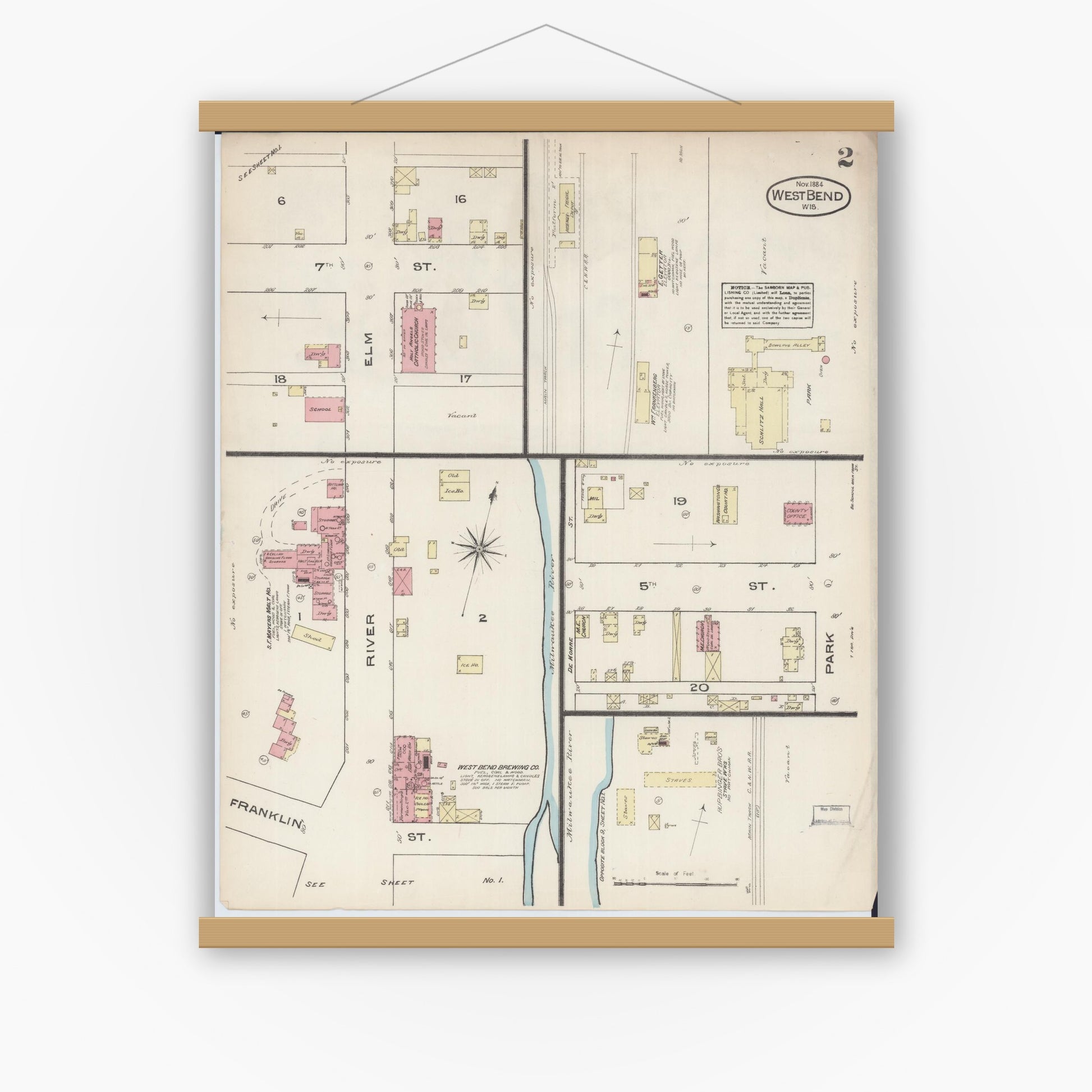 Old map wall art mockup — magnetic wood frame on white wall — Sanborn Fire Insurance Map from West Bend, Washington County, Wisconsin (1884), Sheet #0002