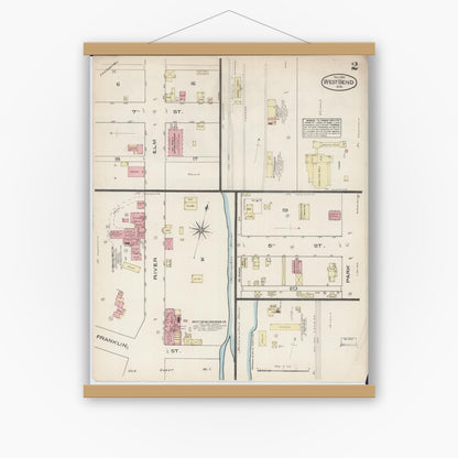 Old map wall art mockup — magnetic wood frame on white wall — Sanborn Fire Insurance Map from West Bend, Washington County, Wisconsin (1884), Sheet #0002