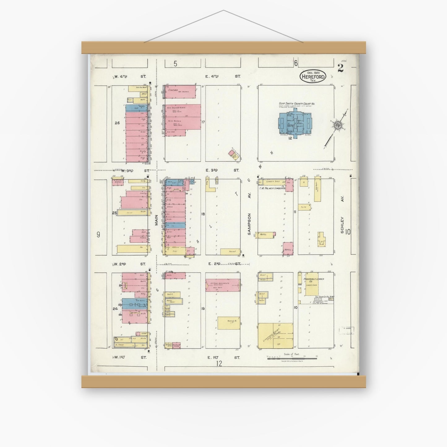 Old map wall art mockup — magnetic wood frame on white wall — Sanborn Fire Insurance Map from Hereford, Deaf Smith County, Texas (1920), Sheet #0002