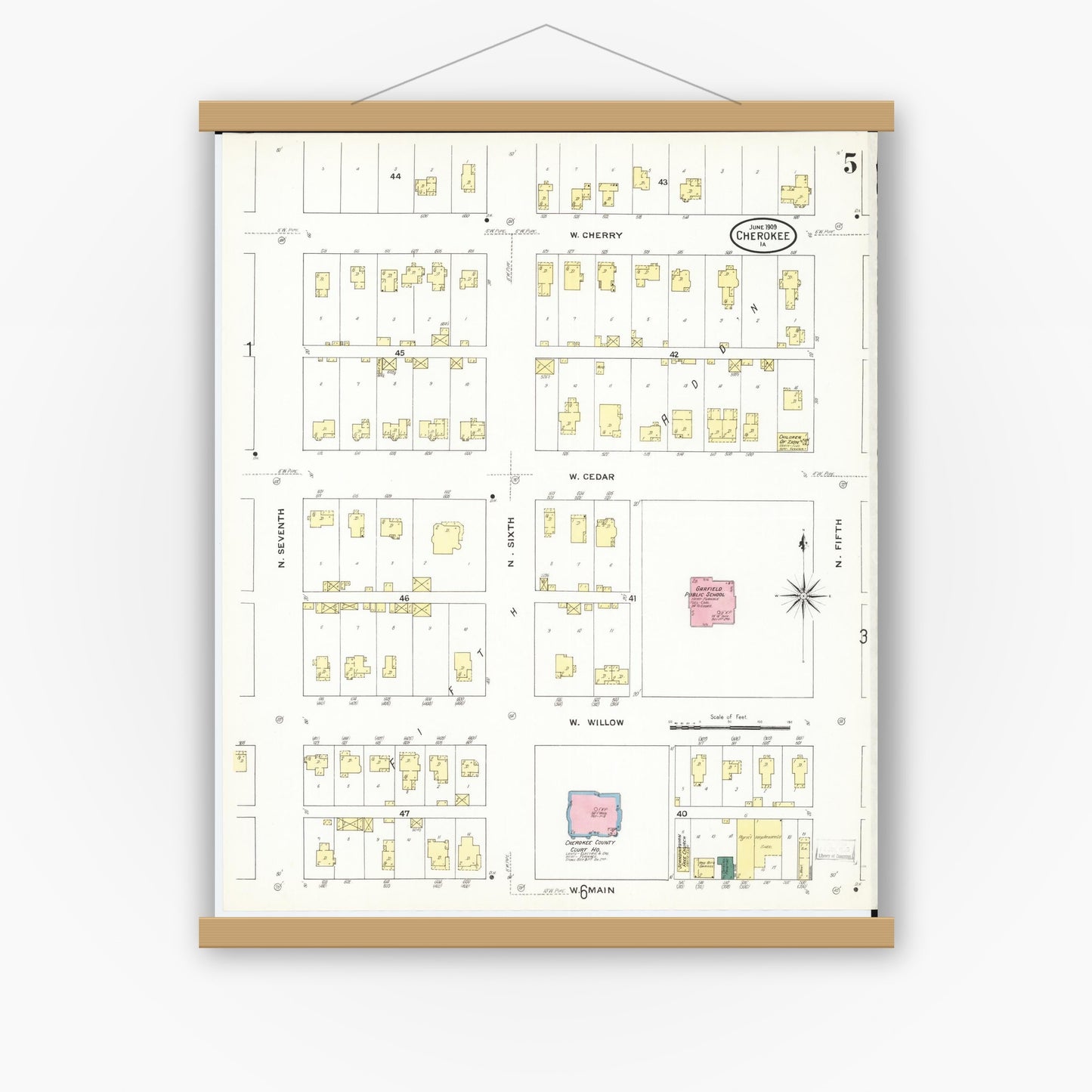 Old map wall art mockup — magnetic wood frame on white wall — Sanborn Fire Insurance Map from Cherokee, Cherokee County, Iowa (1909), Sheet #0005