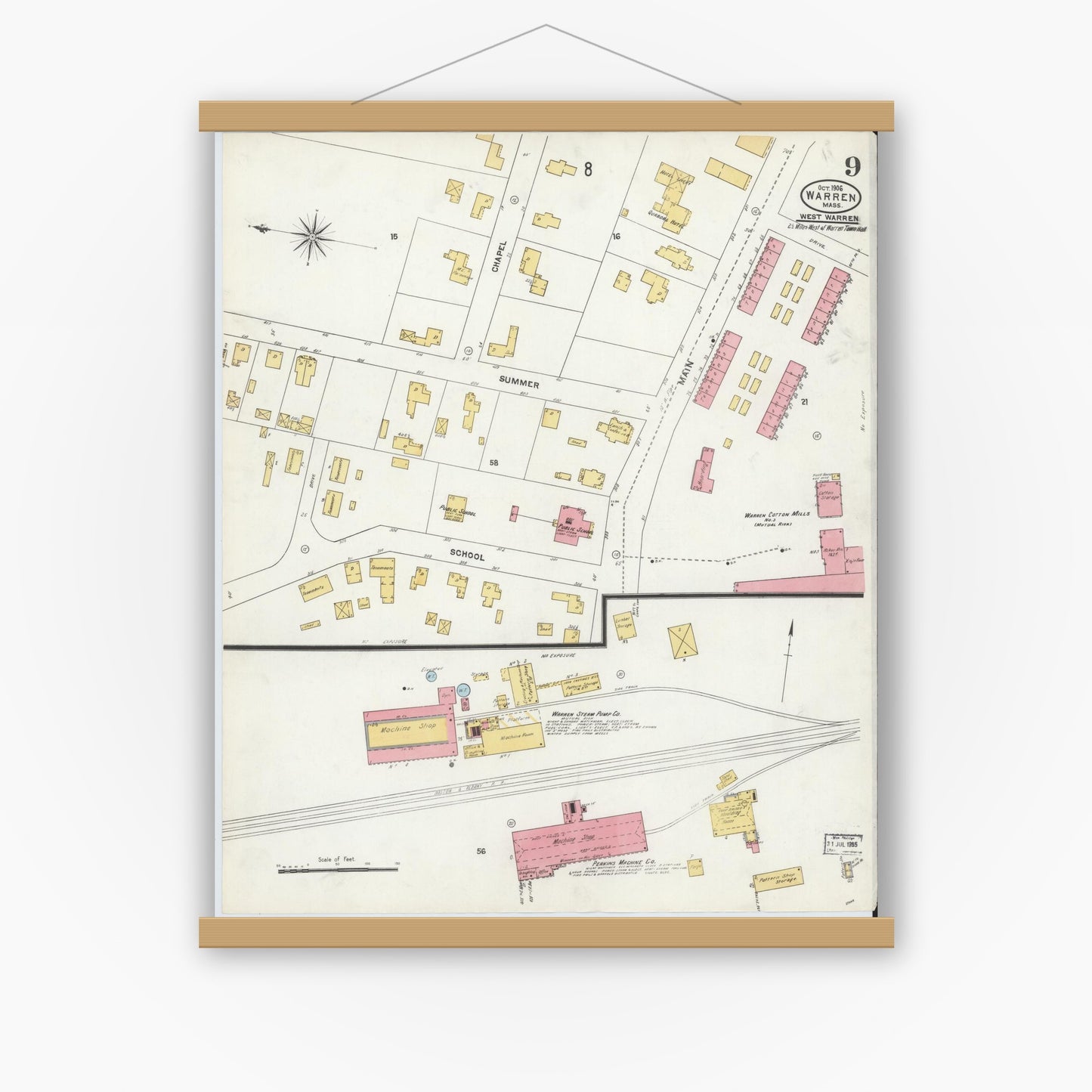 Old map wall art mockup — magnetic wood frame on white wall — Sanborn Fire Insurance Map from Warren, Worcester County, Massachusetts (1906), Sheet #0009