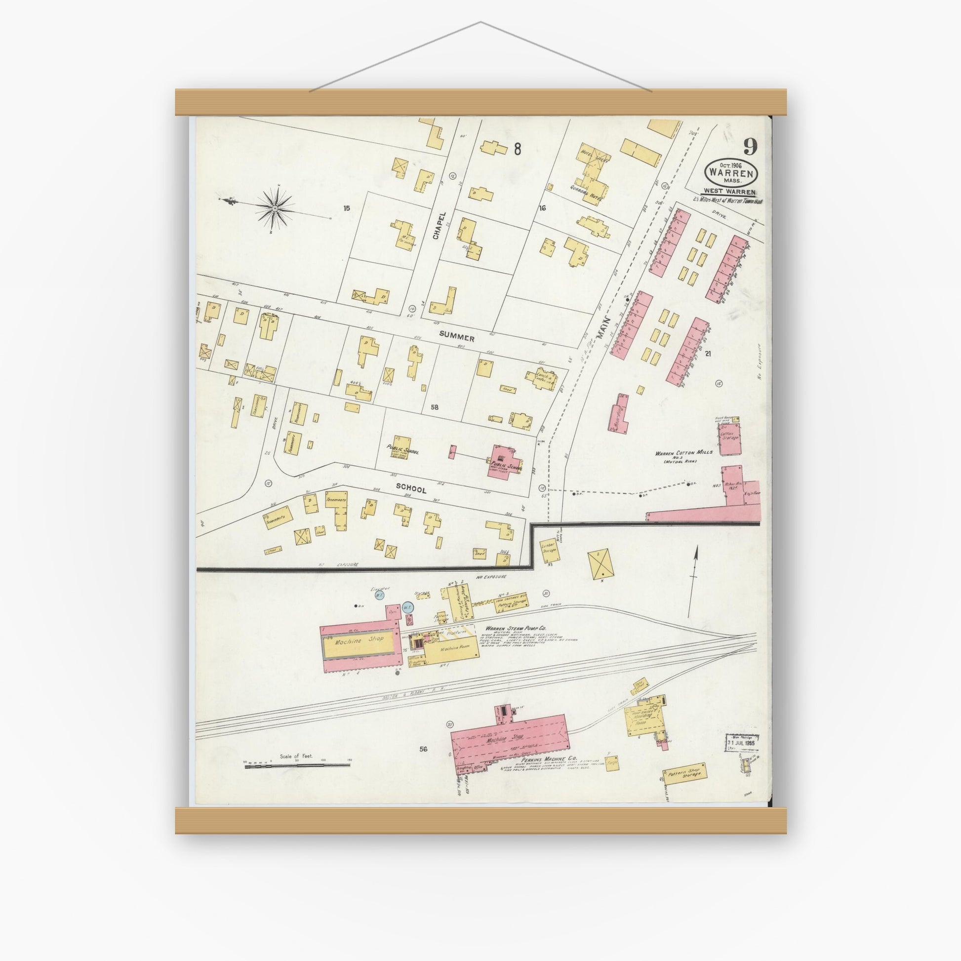 Old map wall art mockup — magnetic wood frame on white wall — Sanborn Fire Insurance Map from Warren, Worcester County, Massachusetts (1906), Sheet #0009