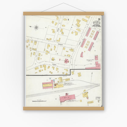 Old map wall art mockup — magnetic wood frame on white wall — Sanborn Fire Insurance Map from Warren, Worcester County, Massachusetts (1906), Sheet #0009