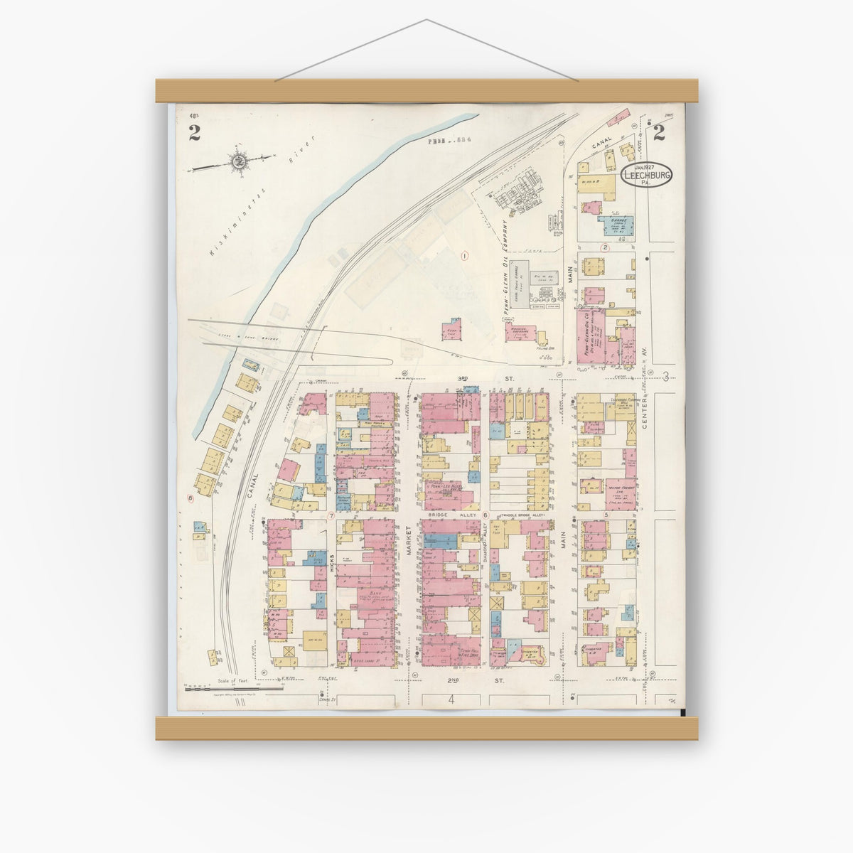 Old map wall art mockup — magnetic wood frame on white wall — Sanborn Fire Insurance Map from Leechburg, Armstrong County, Pennsylvania (1943), Sheet #0002