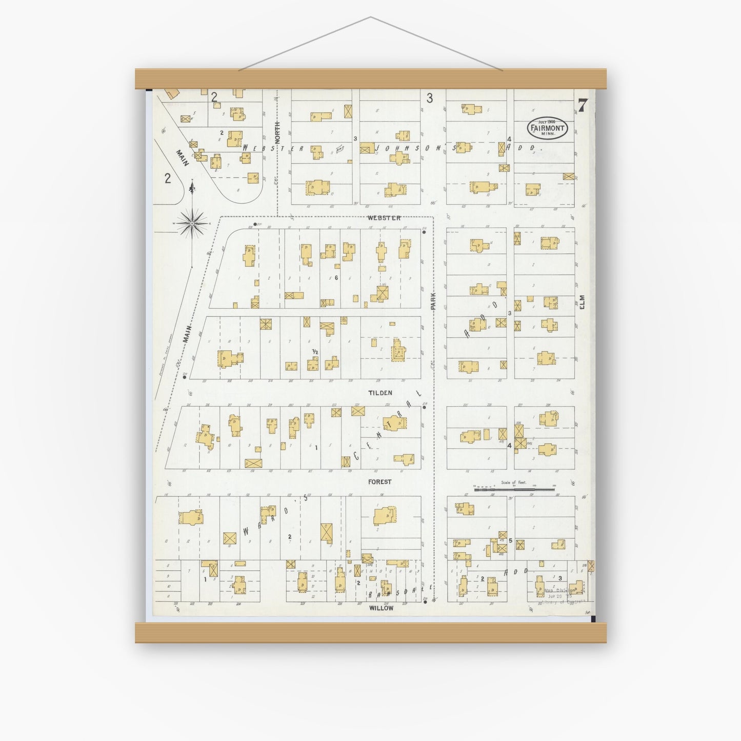 Old map wall art mockup — magnetic wood frame on white wall — Sanborn Fire Insurance Map from Fairmont, Martin County, Minnesota (1900), Sheet #0007