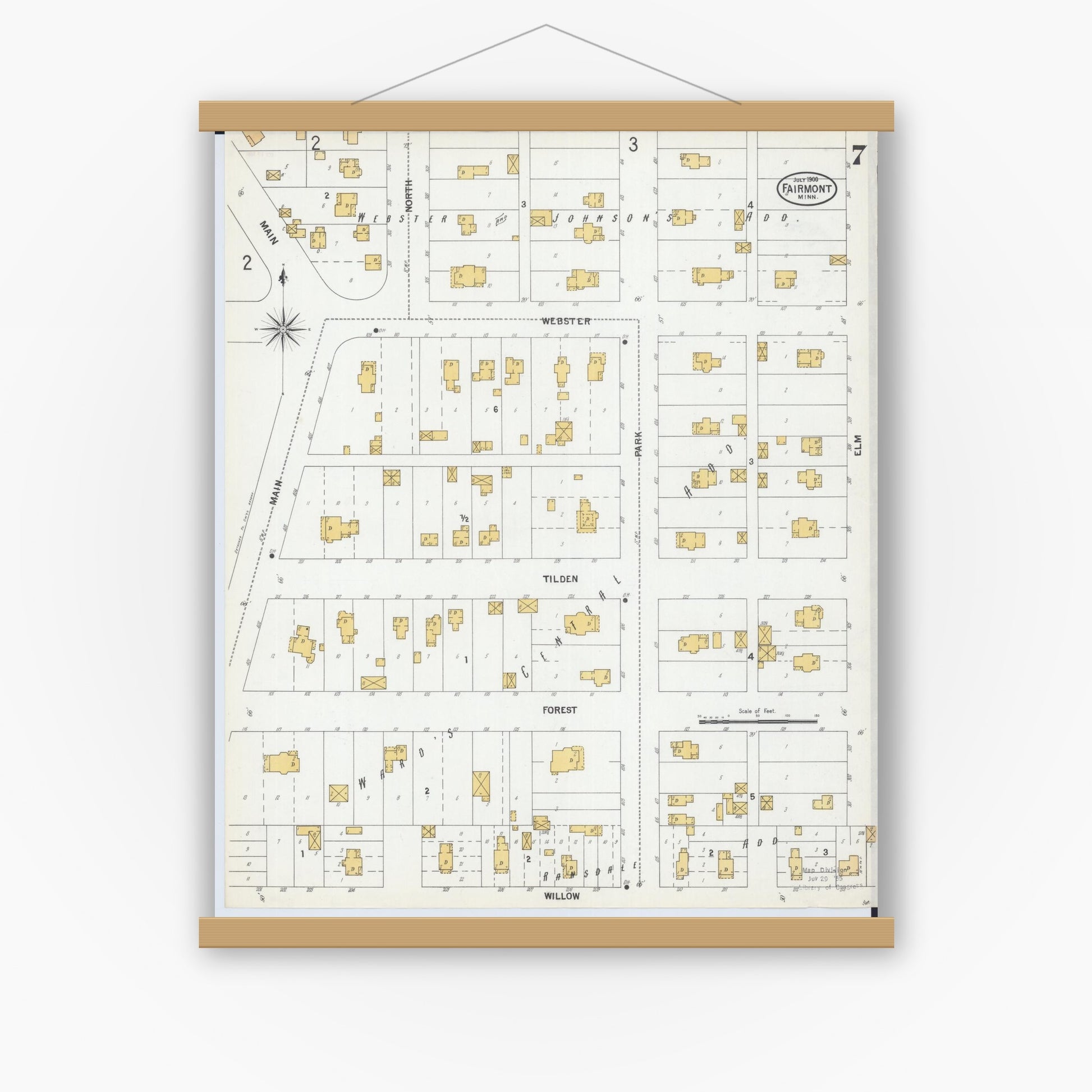Old map wall art mockup — magnetic wood frame on white wall — Sanborn Fire Insurance Map from Fairmont, Martin County, Minnesota (1900), Sheet #0007