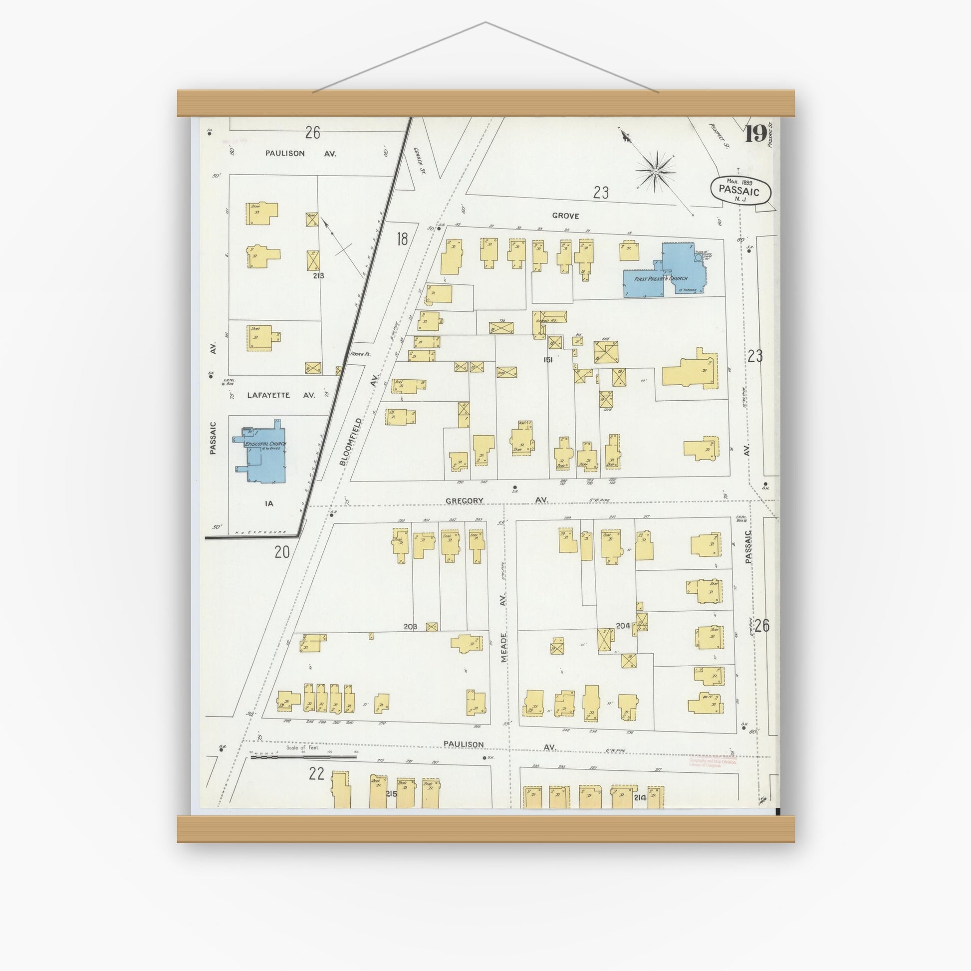 Old map wall art mockup — magnetic wood frame on white wall — Sanborn Fire Insurance Map from Passaic, Passaic County, New Jersey (1899), Sheet #0019