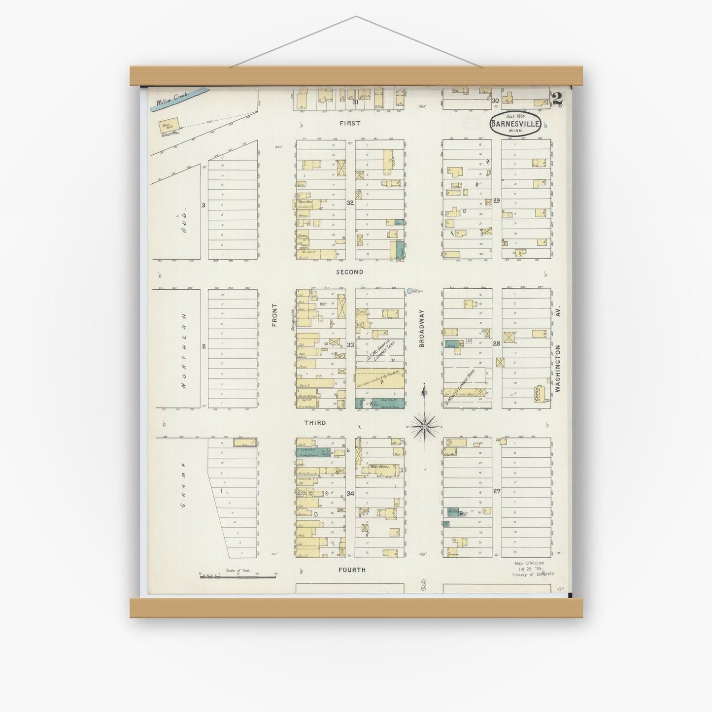 Old map wall art mockup — magnetic wood frame on white wall — Sanborn Fire Insurance Map from Barnesville, Clay County, Minnesota (1894), Sheet #0002