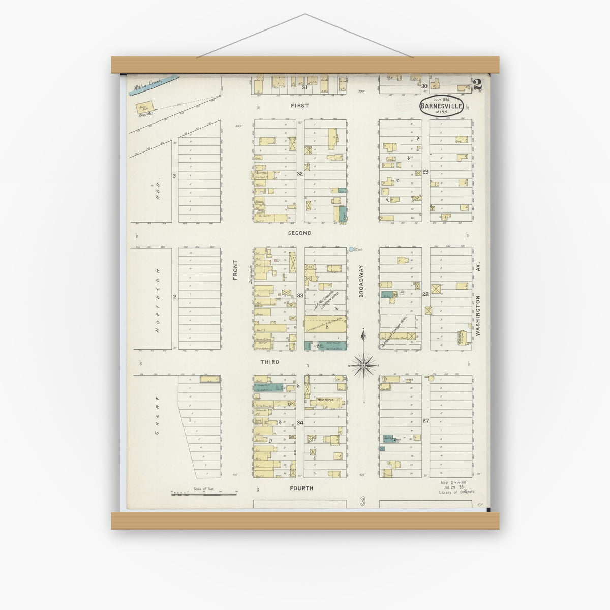Old map wall art mockup — magnetic wood frame on white wall — Sanborn Fire Insurance Map from Barnesville, Clay County, Minnesota (1894), Sheet #0002