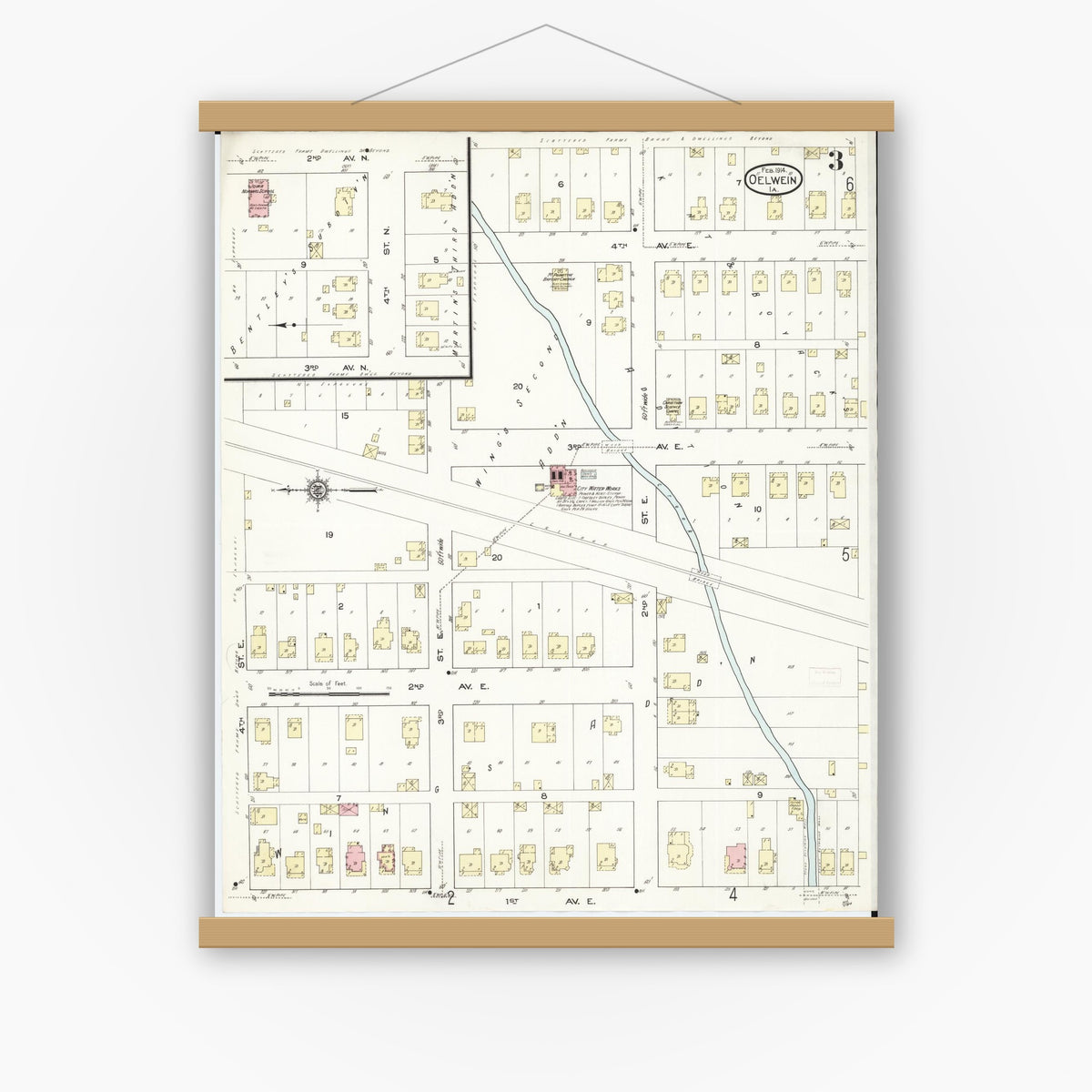 Old map wall art mockup — magnetic wood frame on white wall — Sanborn Fire Insurance Map from Oelwein, Fayette County, Iowa (1914), Sheet #0003