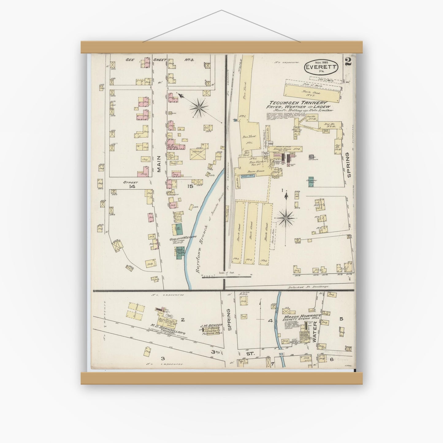 Old map wall art mockup — magnetic wood frame on white wall — Sanborn Fire Insurance Map from Everett, Bedford County, Pennsylvania (1885), Sheet #0002