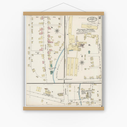 Old map wall art mockup — magnetic wood frame on white wall — Sanborn Fire Insurance Map from Everett, Bedford County, Pennsylvania (1885), Sheet #0002