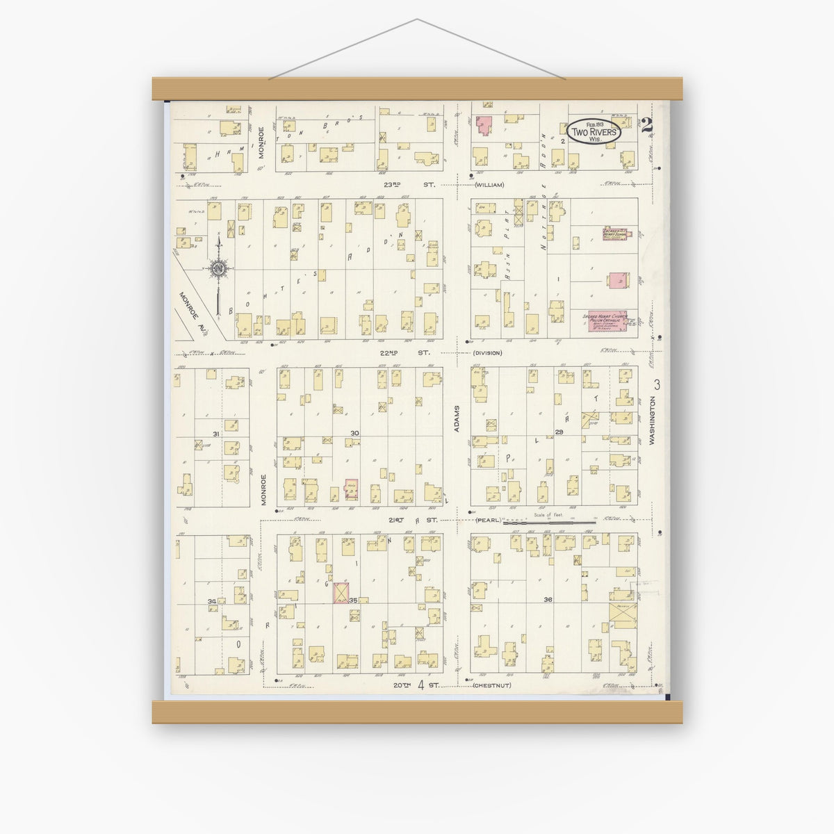 Old map wall art mockup — magnetic wood frame on white wall — Sanborn Fire Insurance Map from Two Rivers, Manitowoc County, Wisconsin (1913), Sheet #0002