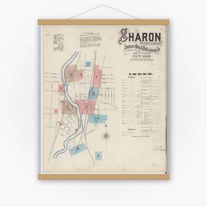 Old map wall art mockup — magnetic wood frame on white wall — Sanborn Fire Insurance Map from Sharon, Mercer County, Pennsylvania (1888) - Complete Map Set