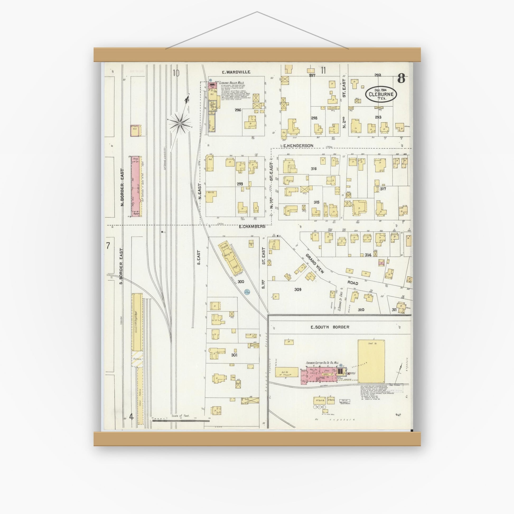Old map wall art mockup — magnetic wood frame on white wall — Sanborn Fire Insurance Map from Cleburne, Johnson County, Texas (1904), Sheet #0008