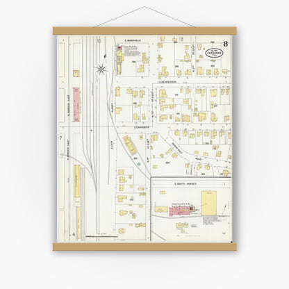 Old map wall art mockup — magnetic wood frame on white wall — Sanborn Fire Insurance Map from Cleburne, Johnson County, Texas (1904), Sheet #0008