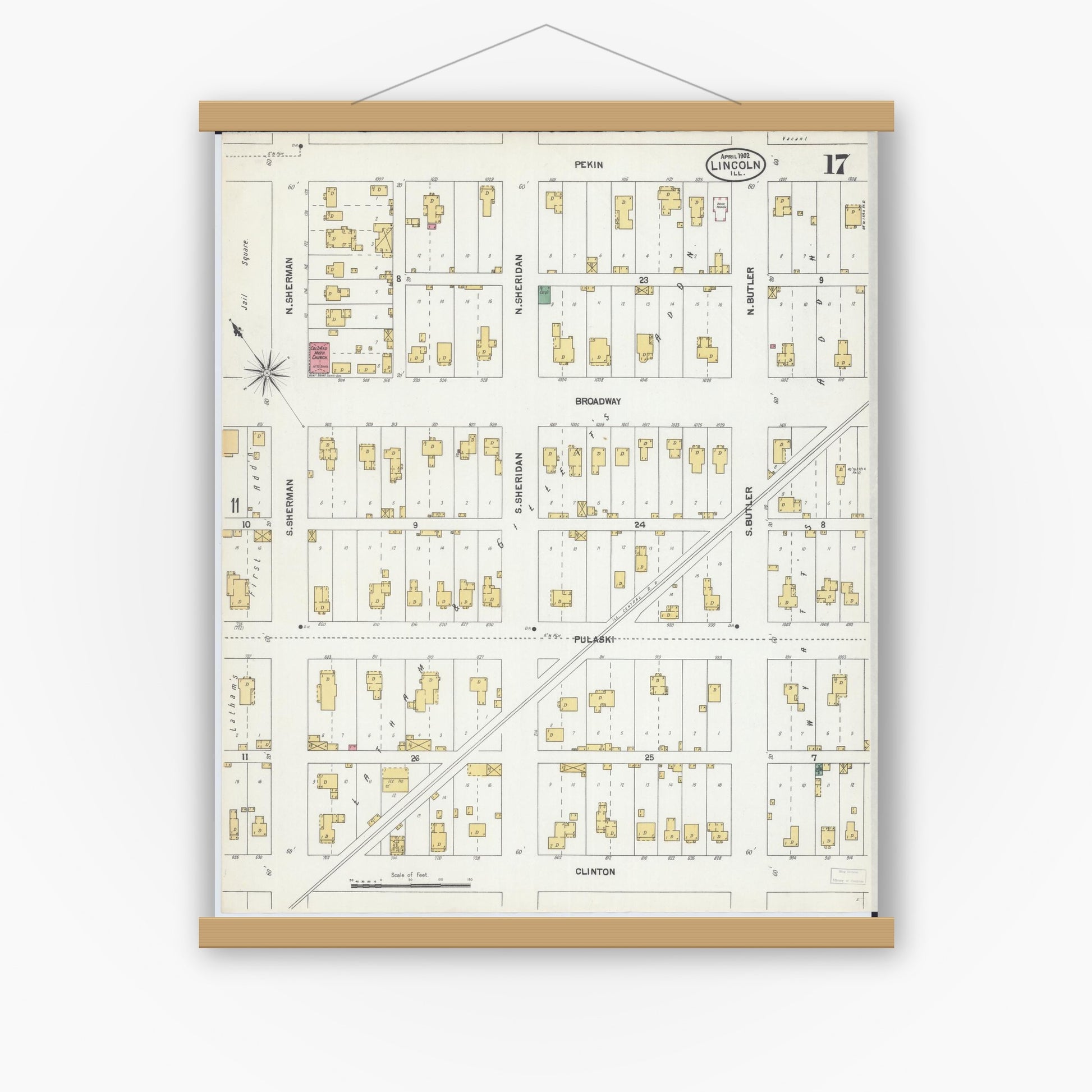 Old map wall art mockup — magnetic wood frame on white wall — Sanborn Fire Insurance Map from Lincoln, Logan County, Illinois (1902), Sheet #0017