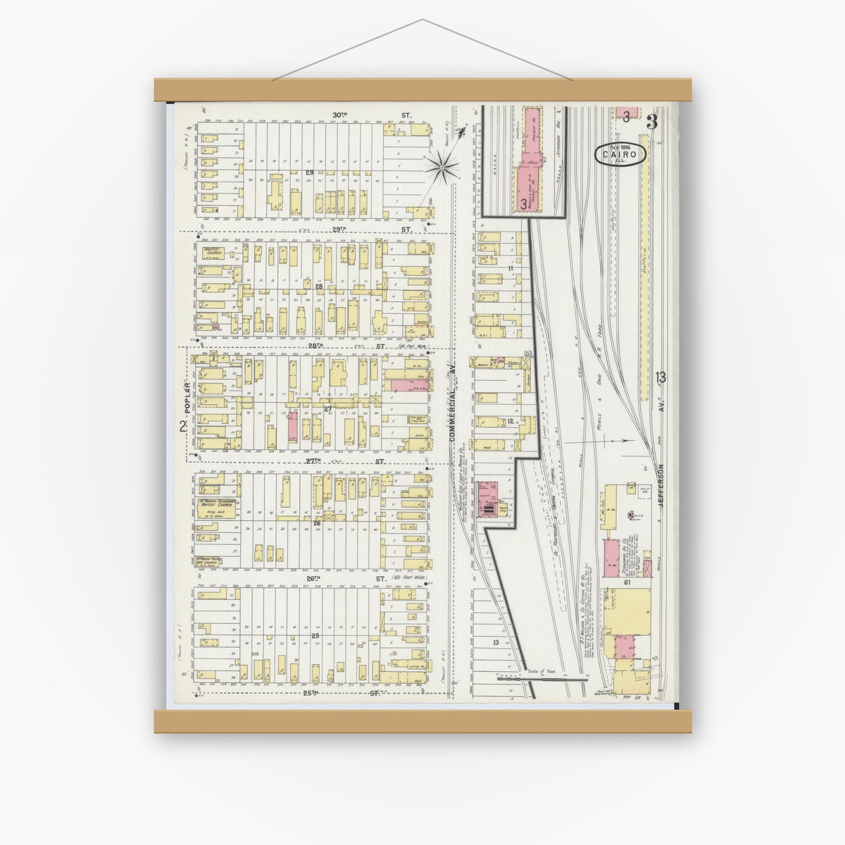 Old map wall art mockup — magnetic wood frame on white wall — Sanborn Fire Insurance Map from Cairo, Alexander County, Illinois (1896), Sheet #0003