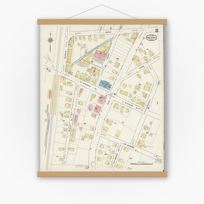 Old map wall art mockup — magnetic wood frame on white wall — Sanborn Fire Insurance Map from Melrose, Middlesex County, Massachusetts (1915), Sheet #0008