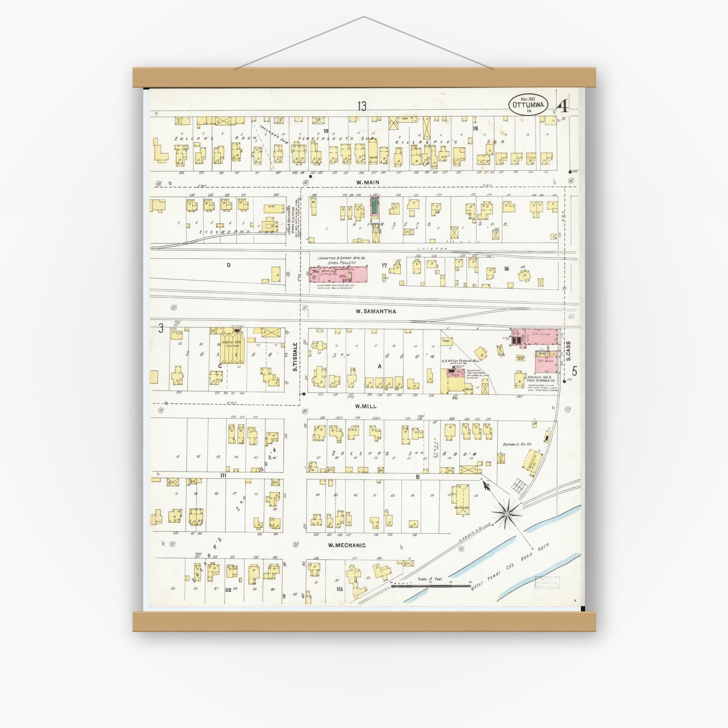 Old map wall art mockup — magnetic wood frame on white wall — Sanborn Fire Insurance Map from Ottumwa, Wapello County, Iowa (1902), Sheet #0004